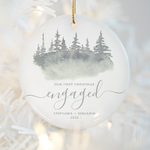 First Christmas Engaged Woodland Sage Green Script Ceramic Tree Decoration