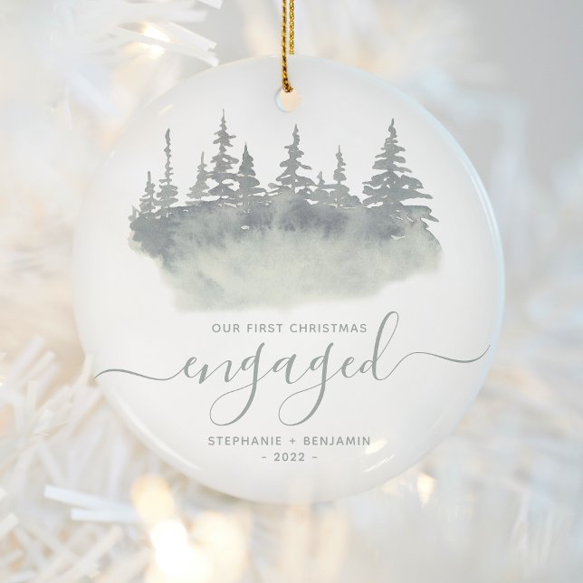 First Christmas Engaged Woodland Sage Green Script Ceramic Tree Decoration (Creator Uploaded)