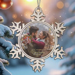 First Christmas Engaged Wreath Gilded Engagement Snowflake Pewter Christmas Ornament<br><div class="desc">Capture your Christmas-engaged ornaments with personalised photos. Add your favourite pictures,  their name,  and the year for a unique keepsake that celebrates your new arrival! Designed by CaMiDesigns.</div>