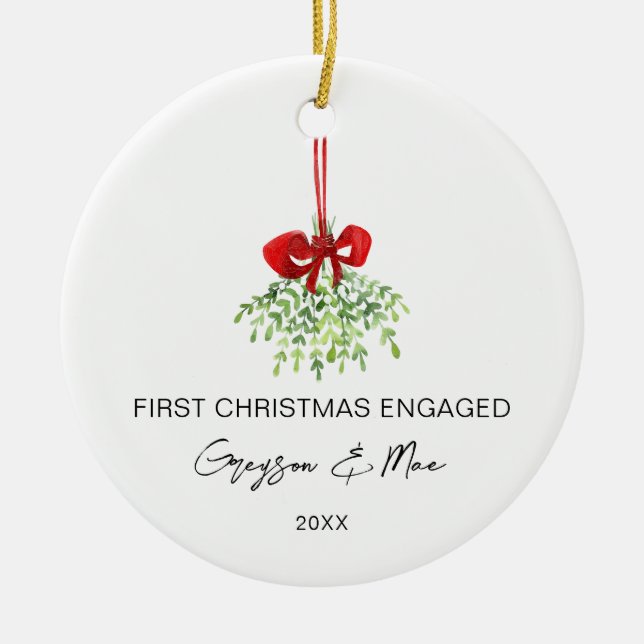 First Christmas Engaged Xmas Engagement Mistletoe Ceramic Tree Decoration (Front)