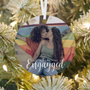 First Christmas Engayged Gay Pride Personalised Metal Tree Decoration