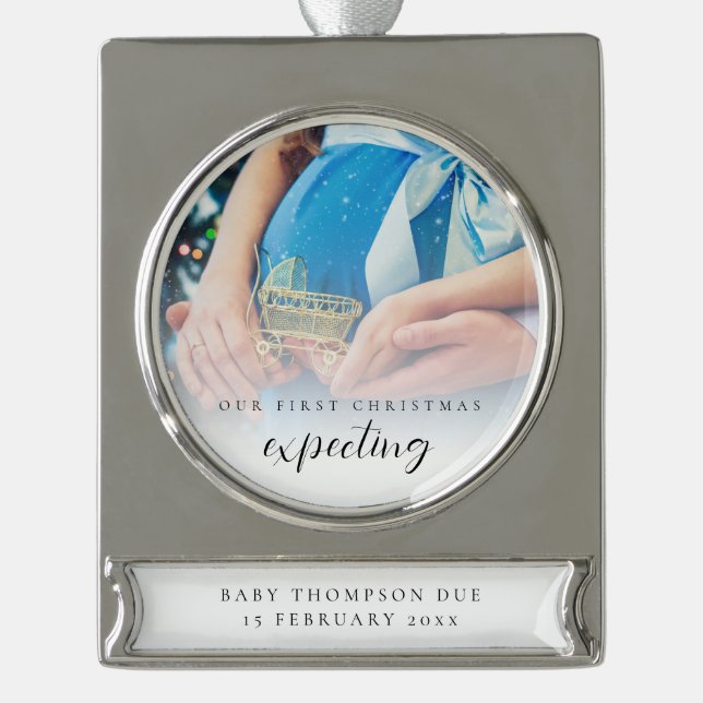 First Christmas Expecting Photo Overlay Maternity  Silver Plated Banner Ornament (Front)