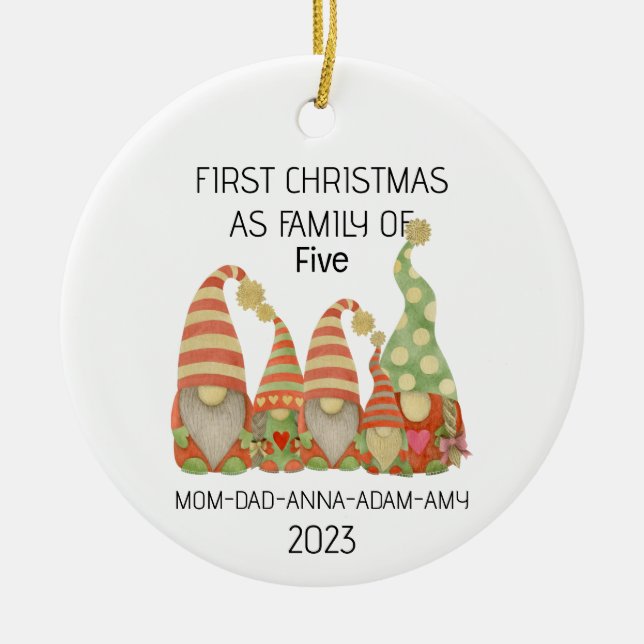 First Christmas Family Five Retro Gnoomes Ornament (Front)