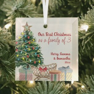 First Christmas Family of 3 Christmas Tree Crib Gl Glass Tree Decoration