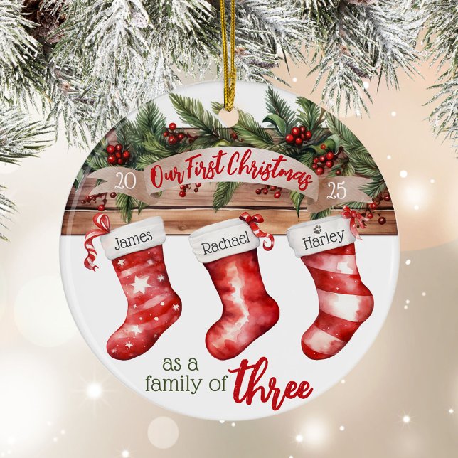 First Christmas Family of 3 Dog Name Stockings Ceramic Tree Decoration (Personalized names 1st Christmas as a Family of 3 dog print pet name custom ornament gift mom dad)