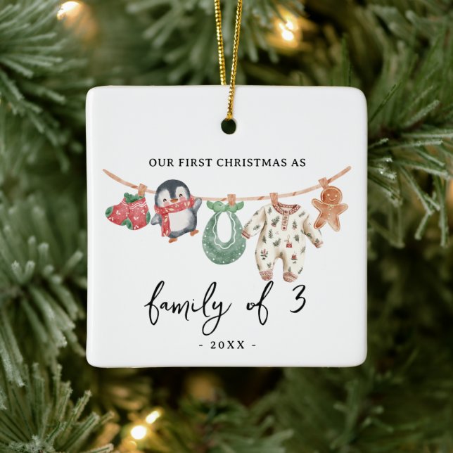 First Christmas Family of 3 with photo cute boho Ceramic Ornament (Tree)