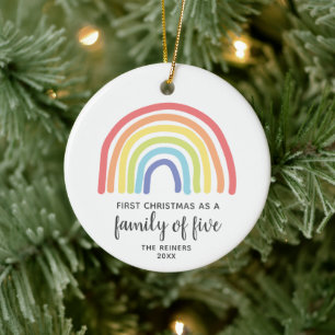 First Christmas Family Of 5 Personalised Rainbow Ceramic Tree Decoration