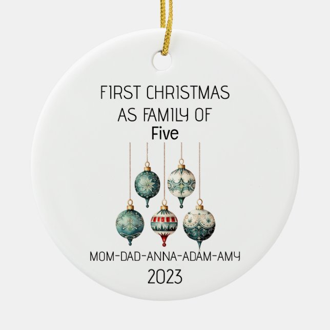 First Christmas Family of Five Vintage Ornament (Front)