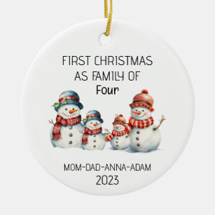First Christmas Family of Four Snowmans  Ceramic Tree Decoration