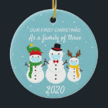 First Christmas Family of Three 2020 Snowman Ceramic Tree Decoration<br><div class="desc">This design was created though digital art. It may be personalised in the area provided or customising by changing the photo or added your own words. Contact me at colorflowcreations@gmail.com if you with to have this design on another product. Purchase my original abstract acrylic painting for sale at www.etsy.com/shop/colorflowart. See...</div>