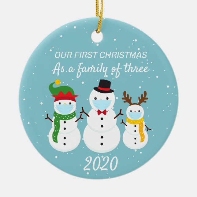 First Christmas Family of Three 2020 Snowman Ceramic Tree Decoration (Front)