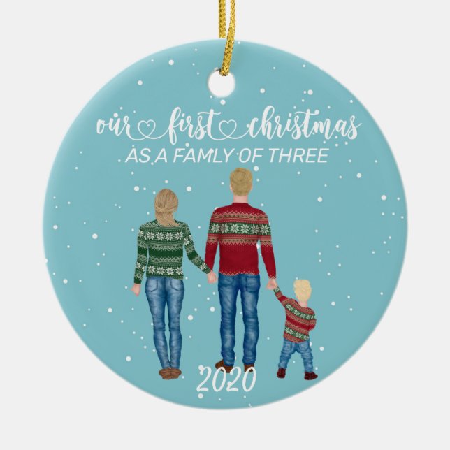 First Christmas Family of Three Blonde Hair Girl Ceramic Tree Decoration (Front)