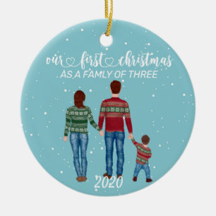 First Christmas Family of Three Brown Hair Boy Ceramic Tree Decoration