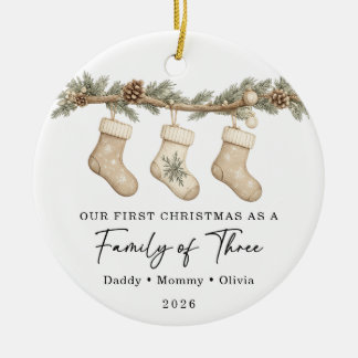 First Christmas Family of Three Custom Ceramic Tree Decoration