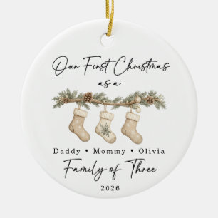 First Christmas Family of Three Custom Ceramic Tree Decoration