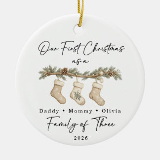 First Christmas Family of Three Custom Ceramic Tree Decoration