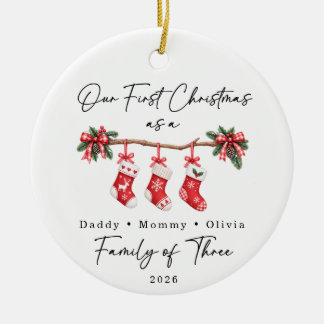 First Christmas Family of Three Custom Ceramic Tree Decoration