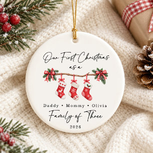 First Christmas Family of Three Custom Ceramic Tree Decoration