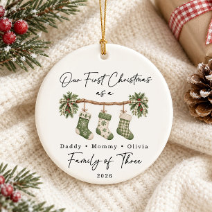 First Christmas Family of Three Custom Ceramic Tree Decoration