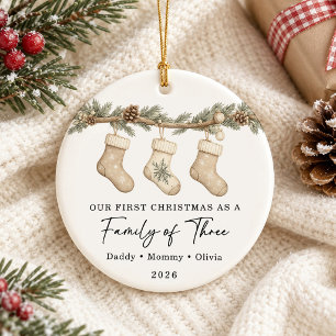 First Christmas Family of Three Custom Ceramic Tree Decoration