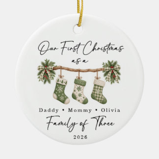 First Christmas Family of Three Custom Ceramic Tree Decoration