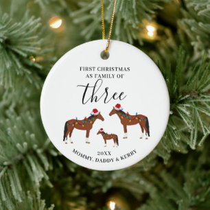 First Christmas Family of Three Cute Horses Ceramic Tree Decoration