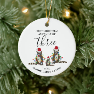 First Christmas Family of Three Cute Racoon  Ceramic Tree Decoration