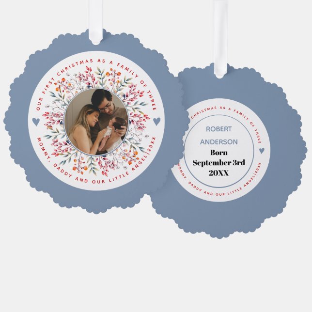 First Christmas family of three dusty blue photo Tree Decoration Card (Front/Back)