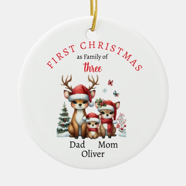 First Christmas family of three Keepsake Photo Ceramic Tree Decoration (Front)