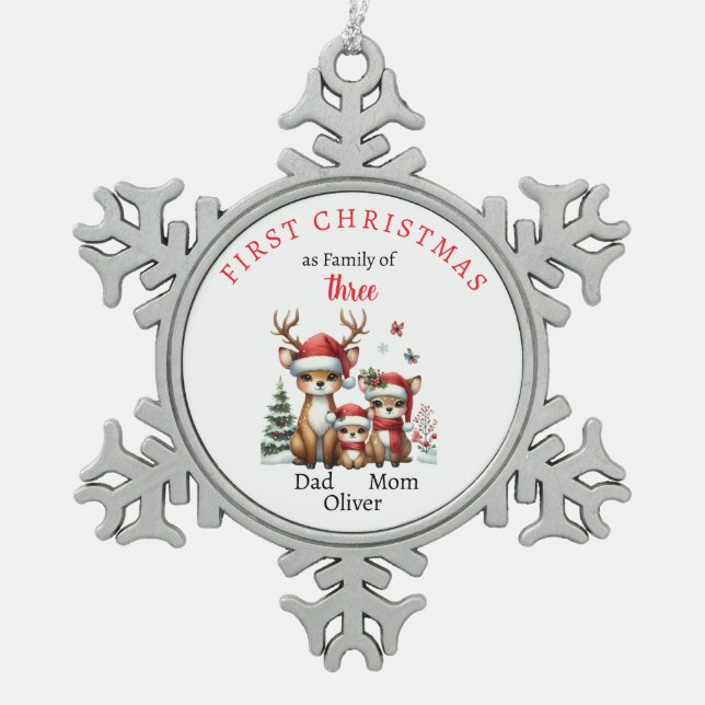 First Christmas family of three Keepsake Photo Snowflake Pewter Christmas Ornament (Front)