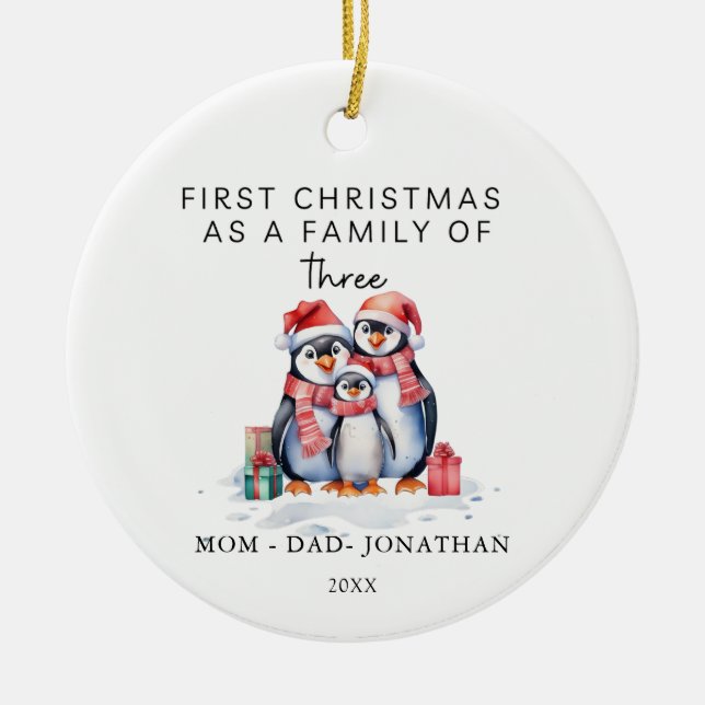  First Christmas Family of Three Penguins Ceramic Tree Decoration (Front)