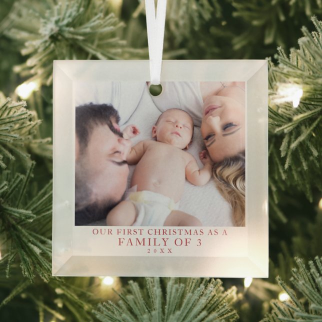 First Christmas Family of Three Photo Glass Tree Decoration (Insitu)