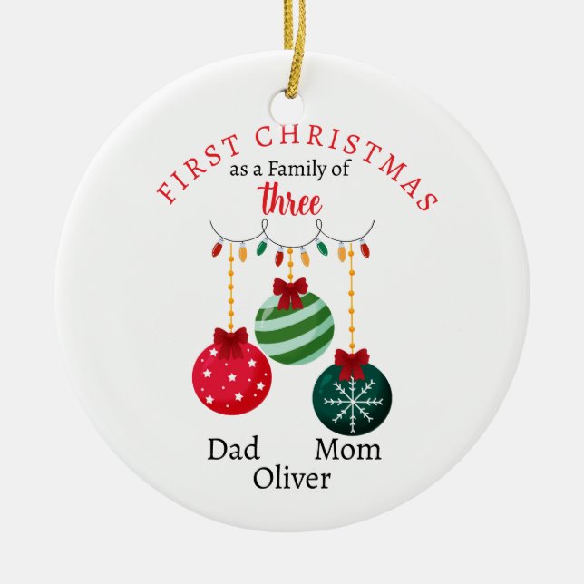 First Christmas family of three Photo Keepsake Ceramic Tree Decoration (Front)