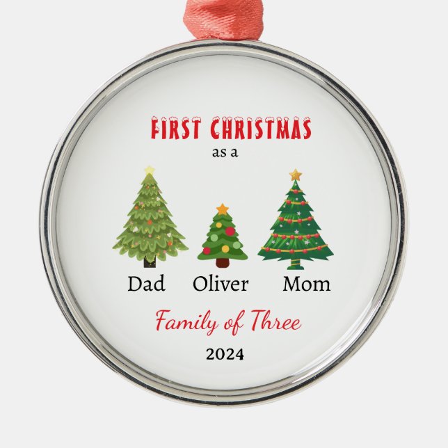 First Christmas family of three Photo Keepsake Metal Tree Decoration (Front)