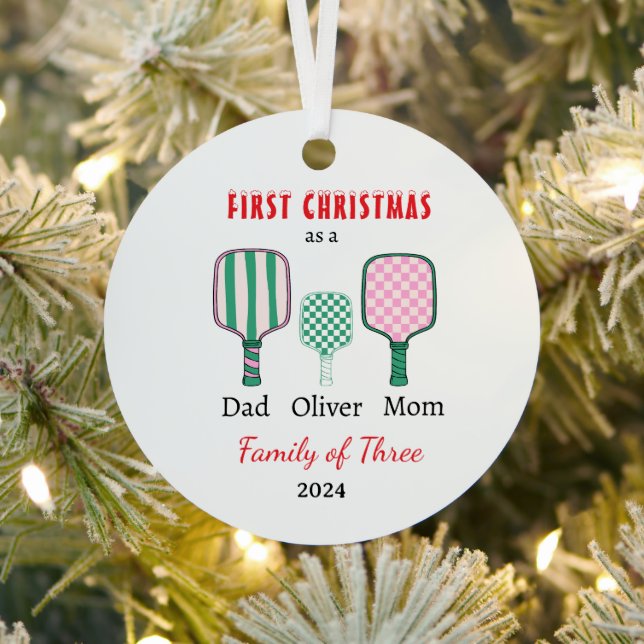 First Christmas family of three Photo Keepsake Metal Tree Decoration (Insitu)