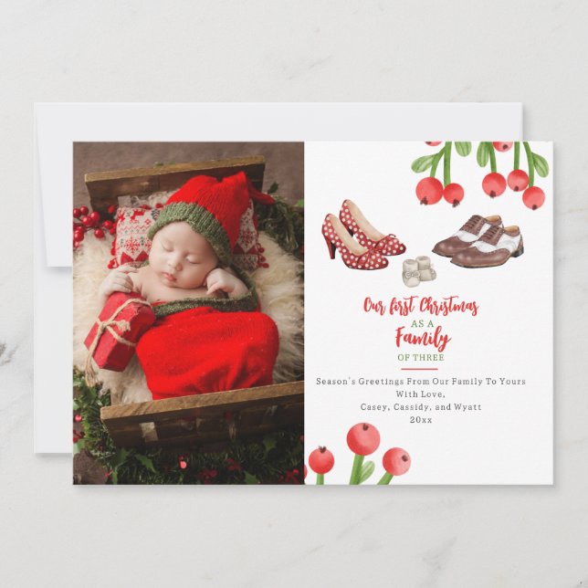 First Christmas Family of Three Shoes Photo Holiday Card (Front)