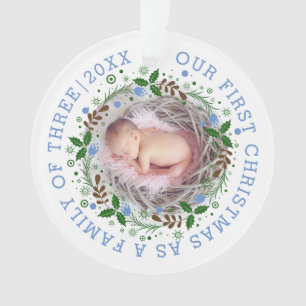First Christmas family of three wreath blue photo Ornament