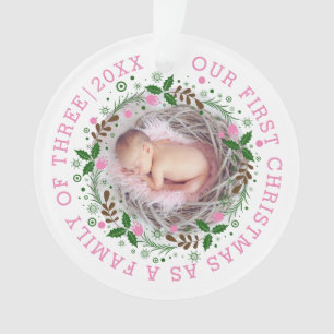 First Christmas family of three wreath pink photo Ornament