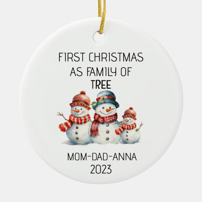 First Christmas Family of Tree Snowmans Ceramic Tree Decoration (Front)