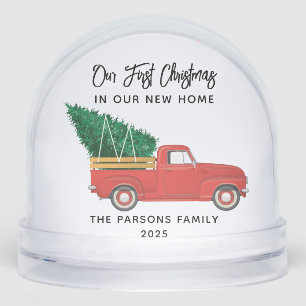 First Christmas Family Photo Modern Red Truck Snowglobe