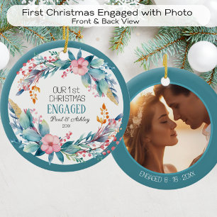 First Christmas Floral Engaged Photo Date Ceramic Tree Decoration