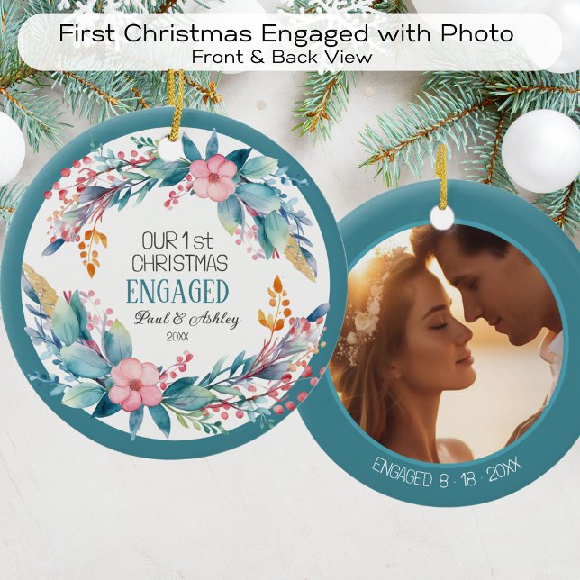 First Christmas Floral  Engaged Photo Date Ceramic Tree Decoration (Creator Uploaded)