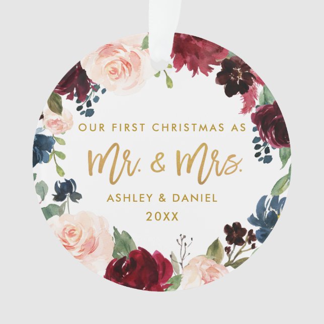 First Christmas Floral Gold | Photo Back Ornament (Front)