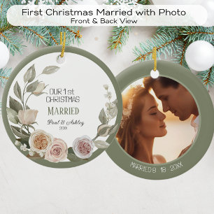 First Christmas Floral  Married Photo Date Ceramic Tree Decoration