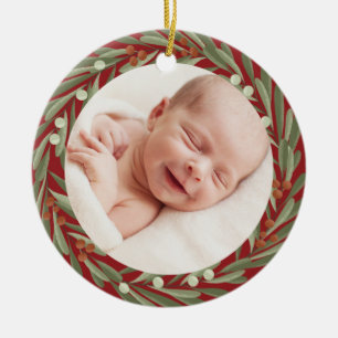 First Christmas Floral Wreath Photo Baby Ceramic Tree Decoration