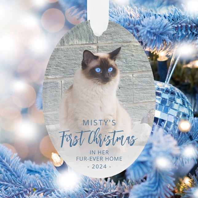 First Christmas Forever Home Pet Photo Blue Oval Ornament (Creator Uploaded)