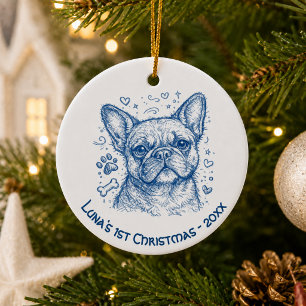 First Christmas French Bulldog blue lineart doodle Ceramic Tree Decoration