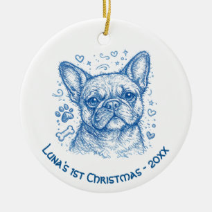First Christmas French Bulldog blue lineart doodle Ceramic Tree Decoration