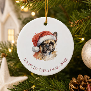First Christmas French Bulldog watercolor Ceramic Tree Decoration