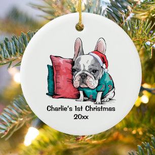 First Christmas Frenchie Dog with Santa hat Pet Ceramic Tree Decoration